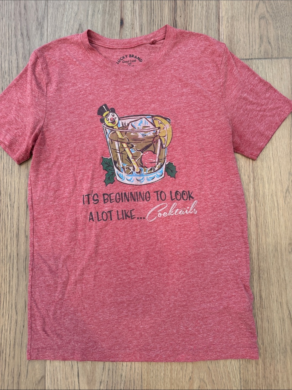 Lucky Brand Holiday Crew Neck Short Sleeve Women’s Small Red Heathered T-Shirt - Picture 2 of 11